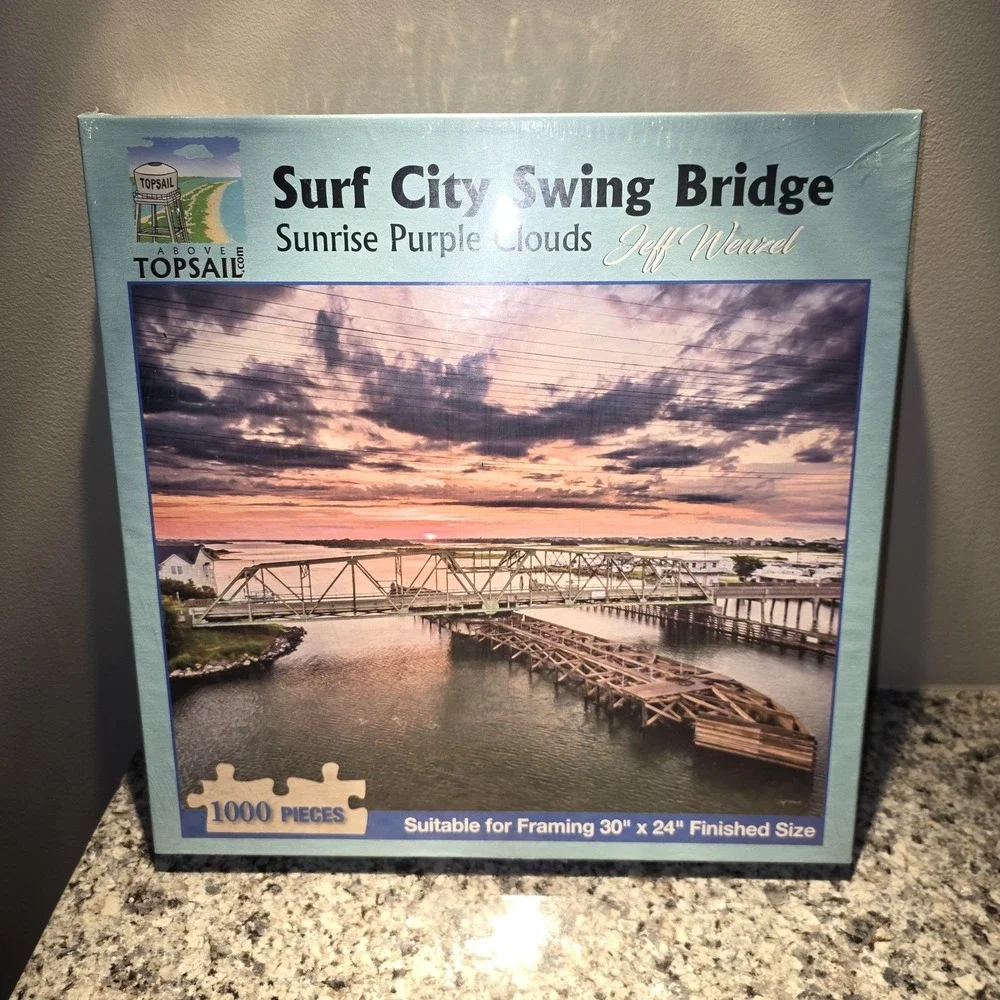 Above Topsail Surf City Swing Bridge 1000 Piece Puzzle Sunrise Purple Clouds